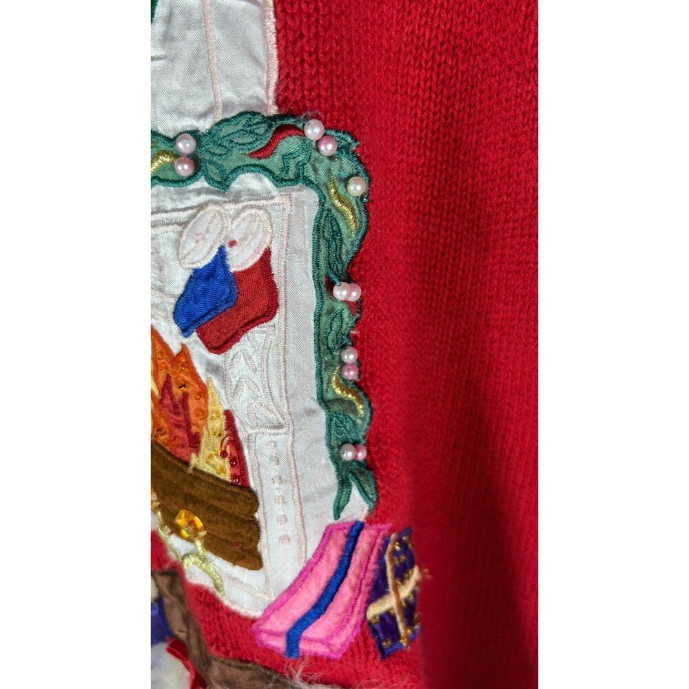Christmas Sweater Vintage 90s 3D Embroidered Tree Scene Red Large - Picture 5 of 9